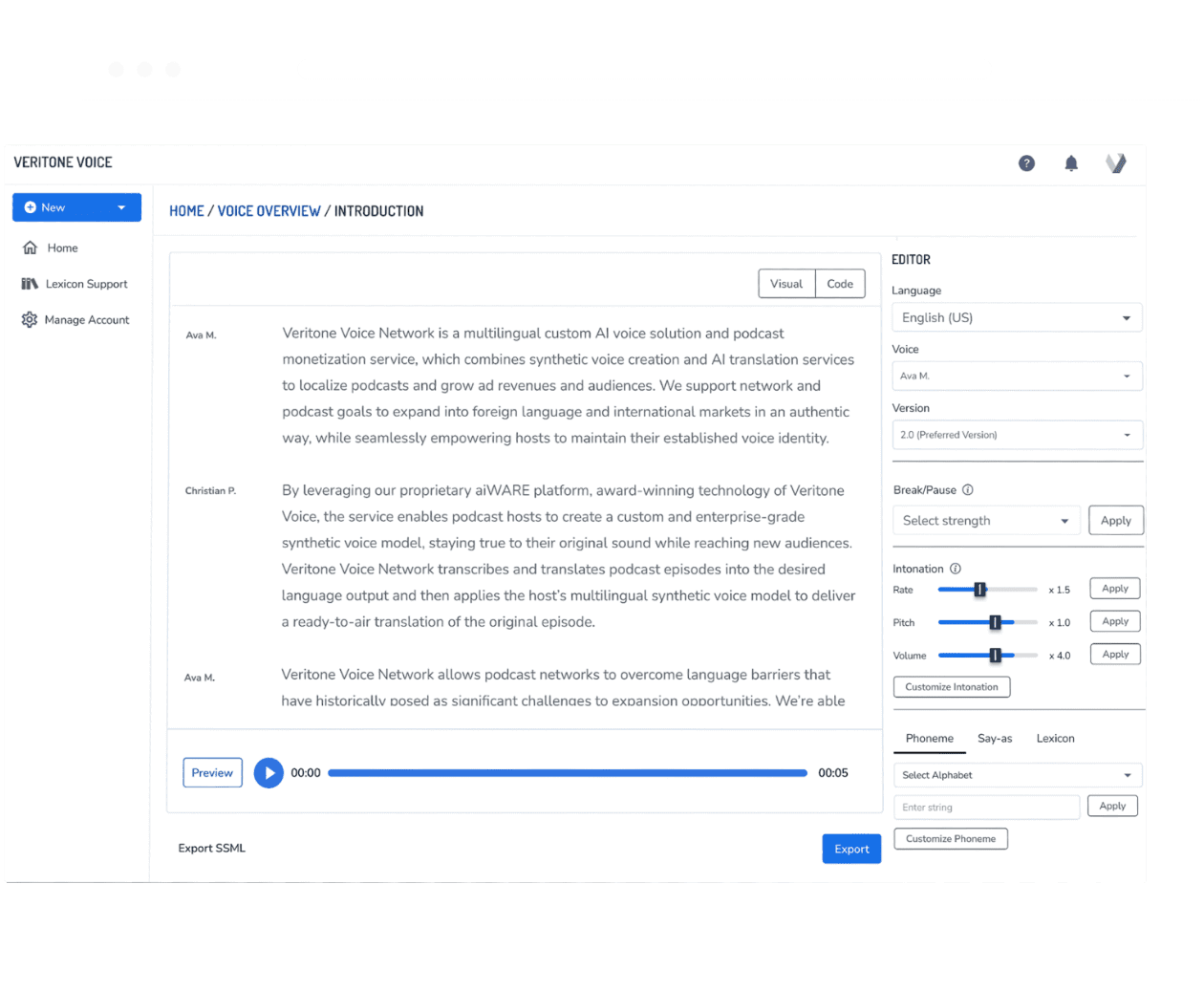 Generate personalized audio clips using the robust text editor